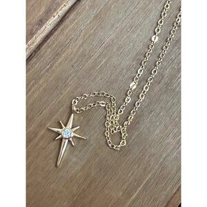 Gold-Tone Starburst Pendant Necklace With Sparkling Center Stone  Chain Length 2